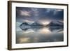 Reflection of mountains on ocean at sunset in Vatnajokull National Park in eastern Iceland-Alex Saberi-Framed Photographic Print