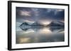 Reflection of mountains on ocean at sunset in Vatnajokull National Park in eastern Iceland-Alex Saberi-Framed Photographic Print