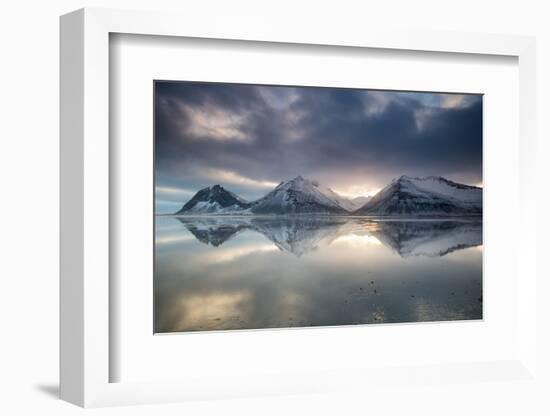 Reflection of mountains on ocean at sunset in Vatnajokull National Park in eastern Iceland-Alex Saberi-Framed Photographic Print