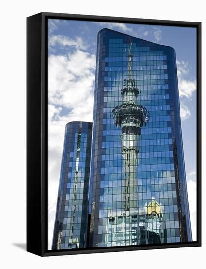 Reflection of Skytower in Office Building, Auckland, North Island, New Zealand-David Wall-Framed Stretched Canvas