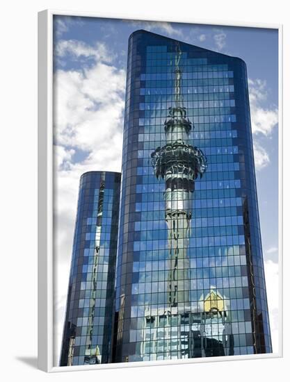 Reflection of Skytower in Office Building, Auckland, North Island, New Zealand-David Wall-Framed Photographic Print