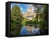 Reflection of the Cathedral in the Moat, The Bishop's Palace, Wells, Somerset, England-Jean Brooks-Framed Stretched Canvas