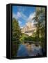 Reflection of the Cathedral in the Moat, The Bishop's Palace, Wells, Somerset, England-Jean Brooks-Framed Stretched Canvas