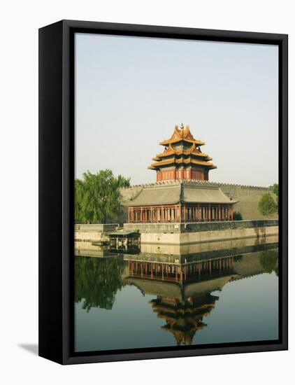 Reflection of the Palace Wall Tower in the Moat of the Forbidden City Palace Museum, Beijing, China-Kober Christian-Framed Stretched Canvas