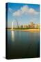 Reflection on Gateway Arch ("Gateway to the West") and skyline of St. Louis, Missouri at sunrise...-null-Stretched Canvas