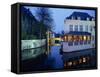 Reflections in the Canals of Restaurant and Bridge, Illuminated in the Evening, in Bruges, Belgium-Pate Jenny-Framed Stretched Canvas