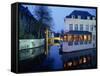 Reflections in the Canals of Restaurant and Bridge, Illuminated in the Evening, in Bruges, Belgium-Pate Jenny-Framed Stretched Canvas