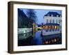 Reflections in the Canals of Restaurant and Bridge, Illuminated in the Evening, in Bruges, Belgium-Pate Jenny-Framed Photographic Print