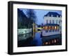 Reflections in the Canals of Restaurant and Bridge, Illuminated in the Evening, in Bruges, Belgium-Pate Jenny-Framed Photographic Print