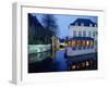 Reflections in the Canals of Restaurant and Bridge, Illuminated in the Evening, in Bruges, Belgium-Pate Jenny-Framed Photographic Print