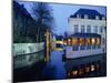 Reflections in the Canals of Restaurant and Bridge, Illuminated in the Evening, in Bruges, Belgium-Pate Jenny-Mounted Photographic Print