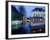 Reflections in the Canals of Restaurant and Bridge, Illuminated in the Evening, in Bruges, Belgium-Pate Jenny-Framed Photographic Print