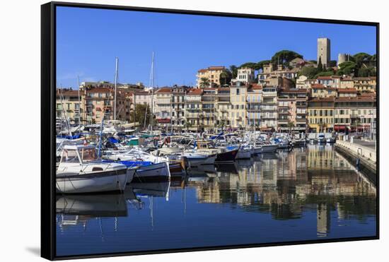 Reflections of boats and Le Suquet, Old port, Cannes, Cote d'Azur, Alpes Maritimes, France-Eleanor Scriven-Framed Stretched Canvas