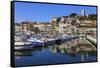 Reflections of boats and Le Suquet, Old port, Cannes, Cote d'Azur, Alpes Maritimes, France-Eleanor Scriven-Framed Stretched Canvas