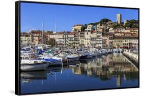 Reflections of boats and Le Suquet, Old port, Cannes, Cote d'Azur, Alpes Maritimes, France-Eleanor Scriven-Framed Stretched Canvas