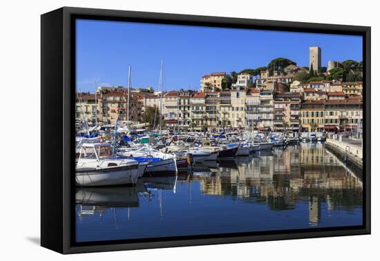 Reflections of boats and Le Suquet, Old port, Cannes, Cote d'Azur, Alpes Maritimes, France-Eleanor Scriven-Framed Stretched Canvas