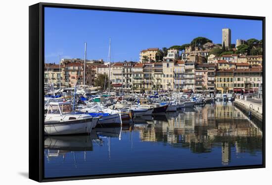 Reflections of boats and Le Suquet, Old port, Cannes, Cote d'Azur, Alpes Maritimes, France-Eleanor Scriven-Framed Stretched Canvas