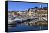 Reflections of boats and Le Suquet, Old port, Cannes, Cote d'Azur, Alpes Maritimes, France-Eleanor Scriven-Framed Stretched Canvas