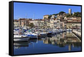 Reflections of boats and Le Suquet, Old port, Cannes, Cote d'Azur, Alpes Maritimes, France-Eleanor Scriven-Framed Stretched Canvas