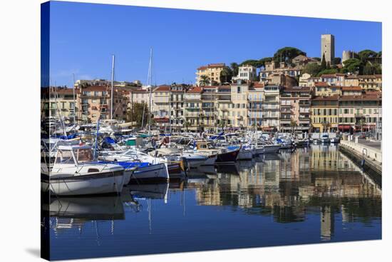 Reflections of boats and Le Suquet, Old port, Cannes, Cote d'Azur, Alpes Maritimes, France-Eleanor Scriven-Stretched Canvas