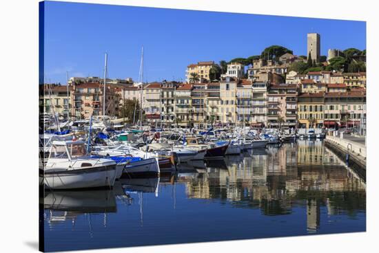 Reflections of boats and Le Suquet, Old port, Cannes, Cote d'Azur, Alpes Maritimes, France-Eleanor Scriven-Stretched Canvas