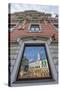 Reflections of Downtown in Shop Window, Riga, Latvia, Europe-Michael-Stretched Canvas