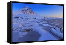 Reflections of Full Moon in the Frozen Sea, Lyngedal, Lofoten Islands, Arctic, Norway, Scandinavia-Roberto Moiola-Framed Stretched Canvas