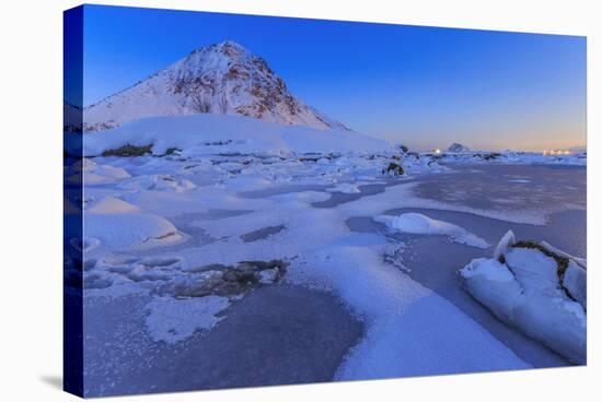 Reflections of Full Moon in the Frozen Sea, Lyngedal, Lofoten Islands, Arctic, Norway, Scandinavia-Roberto Moiola-Stretched Canvas