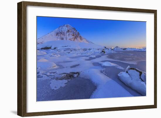 Reflections of Full Moon in the Frozen Sea, Lyngedal, Lofoten Islands, Arctic, Norway, Scandinavia-Roberto Moiola-Framed Photographic Print