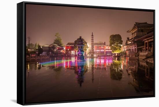 Reflections of Led Lighting in the Rain at Xiangji Temple, Hangzhou, Zhejiang, China, Asia-Andreas Brandl-Framed Stretched Canvas