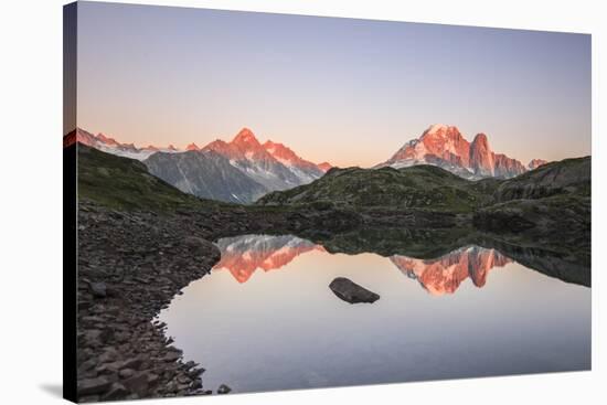 Reflections of Mont Blanc at Sunset on Lac Des Cheserys, Haute Savoie, French Alps, France-Roberto Moiola-Stretched Canvas