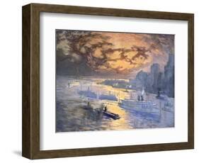 Reflective River (New York City: Ships on the East River, Statue of Liberty in the Distance)-Joseph Pennell-Framed Giclee Print
