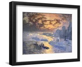 Reflective River (New York City: Ships on the East River, Statue of Liberty in the Distance)-Joseph Pennell-Framed Giclee Print