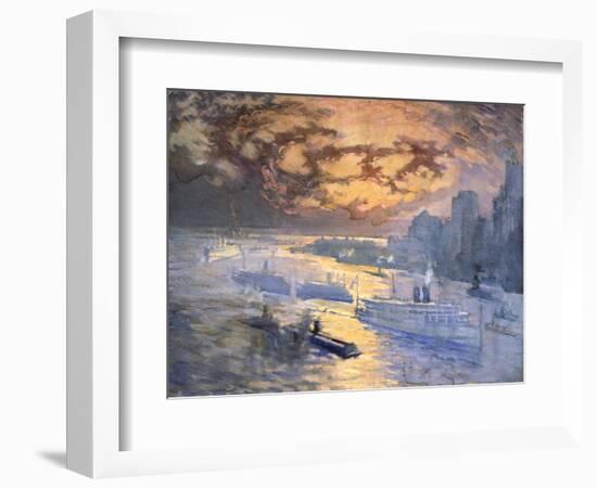 Reflective River (New York City: Ships on the East River, Statue of Liberty in the Distance)-Joseph Pennell-Framed Giclee Print