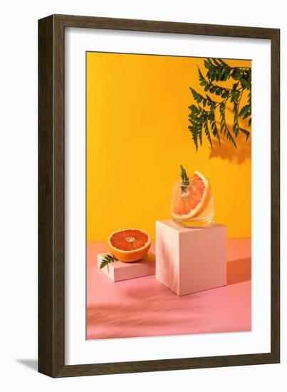 Refreshing Colorful Summer Drink with Grapefruit on Yellow Background with Shadow Fern. Paloma Cock-Svetlana_nsk-Framed Photographic Print