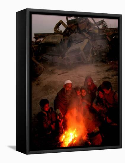 Refugees Light a Fire with Plastic and Rubbish Next to Tent in Junk Dump in Kabul, Afghanistan-null-Framed Stretched Canvas