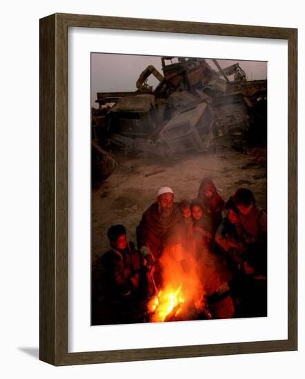 Refugees Light a Fire with Plastic and Rubbish Next to Tent in Junk Dump in Kabul, Afghanistan-null-Framed Photographic Print