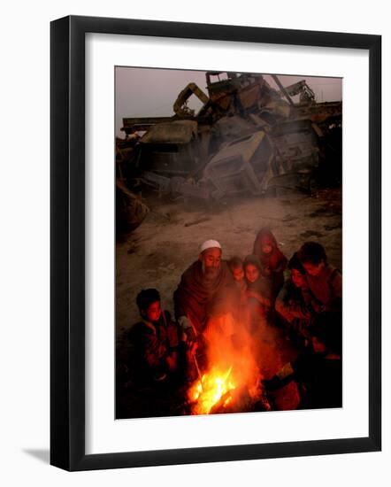 Refugees Light a Fire with Plastic and Rubbish Next to Tent in Junk Dump in Kabul, Afghanistan-null-Framed Photographic Print