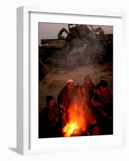 Refugees Light a Fire with Plastic and Rubbish Next to Tent in Junk Dump in Kabul, Afghanistan-null-Framed Photographic Print