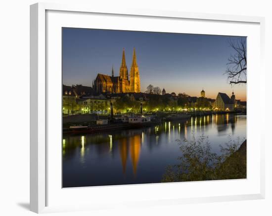 Regensburg in Bavaria, the Old Town. Dawn over the Old Town, Reflections in the River Danube-Martin Zwick-Framed Photographic Print