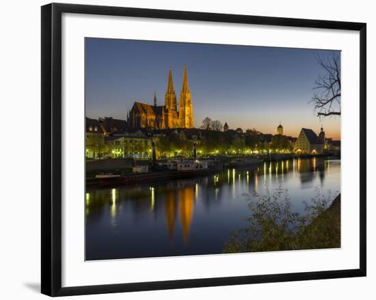 Regensburg in Bavaria, the Old Town. Dawn over the Old Town, Reflections in the River Danube-Martin Zwick-Framed Photographic Print