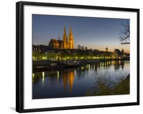 Regensburg in Bavaria, the Old Town. Dawn over the Old Town, Reflections in the River Danube-Martin Zwick-Framed Photographic Print