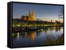 Regensburg in Bavaria, the Old Town. Dawn over the Old Town, Reflections in the River Danube-Martin Zwick-Framed Stretched Canvas