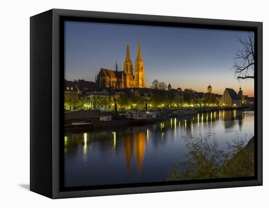 Regensburg in Bavaria, the Old Town. Dawn over the Old Town, Reflections in the River Danube-Martin Zwick-Framed Stretched Canvas