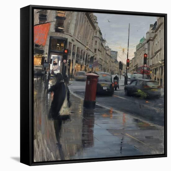 Regent Street in Rain with Taxi, 2018-Tom Hughes-Framed Stretched Canvas