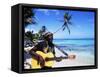 Reggae Singer with Guitar on Beach, Sainte Anne, Guadeloupe-Bill Bachmann-Framed Stretched Canvas