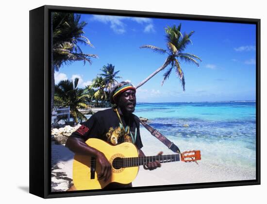 Reggae Singer with Guitar on Beach, Sainte Anne, Guadeloupe-Bill Bachmann-Framed Stretched Canvas