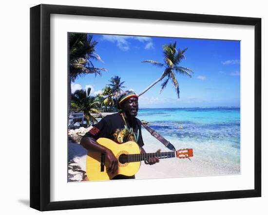 Reggae Singer with Guitar on Beach, Sainte Anne, Guadeloupe-Bill Bachmann-Framed Premium Photographic Print