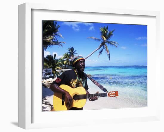 Reggae Singer with Guitar on Beach, Sainte Anne, Guadeloupe-Bill Bachmann-Framed Premium Photographic Print