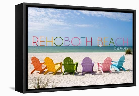 Rehoboth Beach, Delaware - Colorful Beach Chairs-Lantern Press-Framed Stretched Canvas